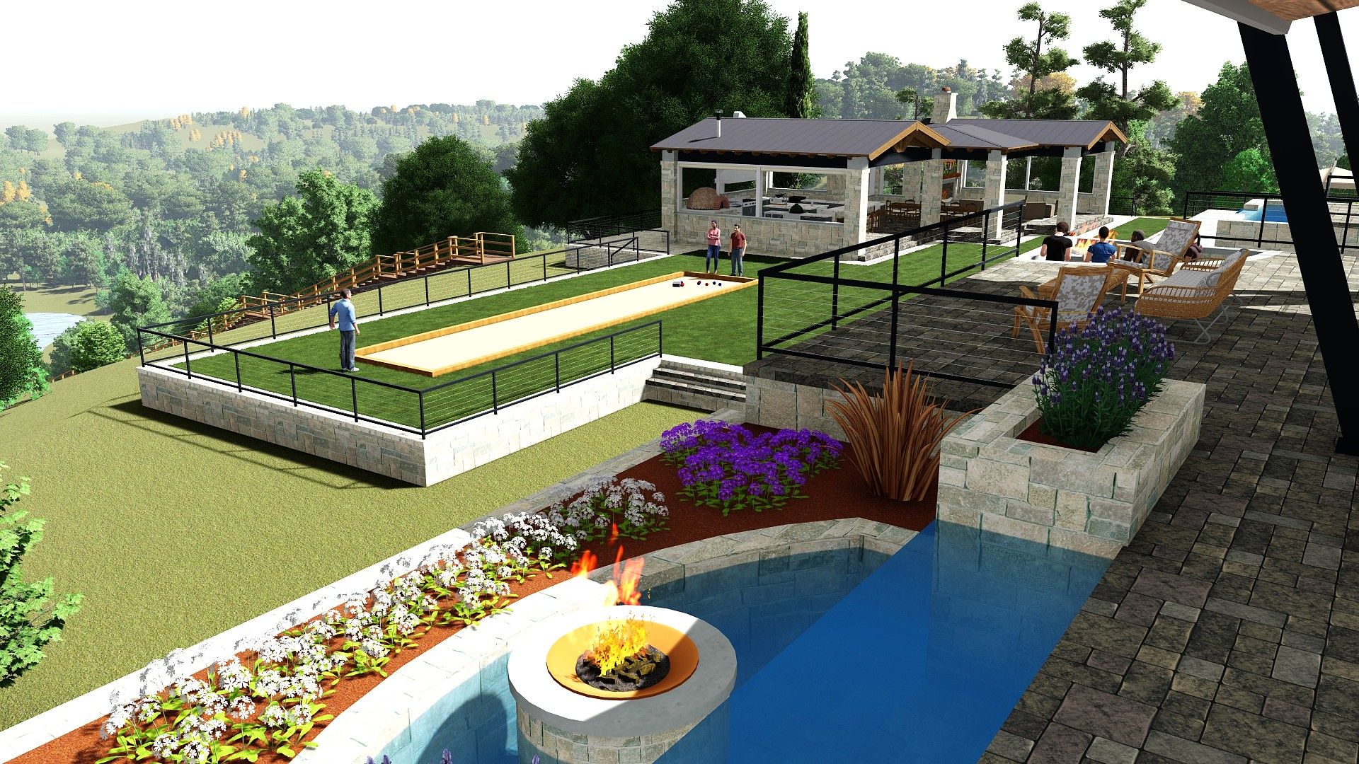Outdoor entertaining area with bocce court, pool, fire pit, and covered seating overlooking a wooded valley.