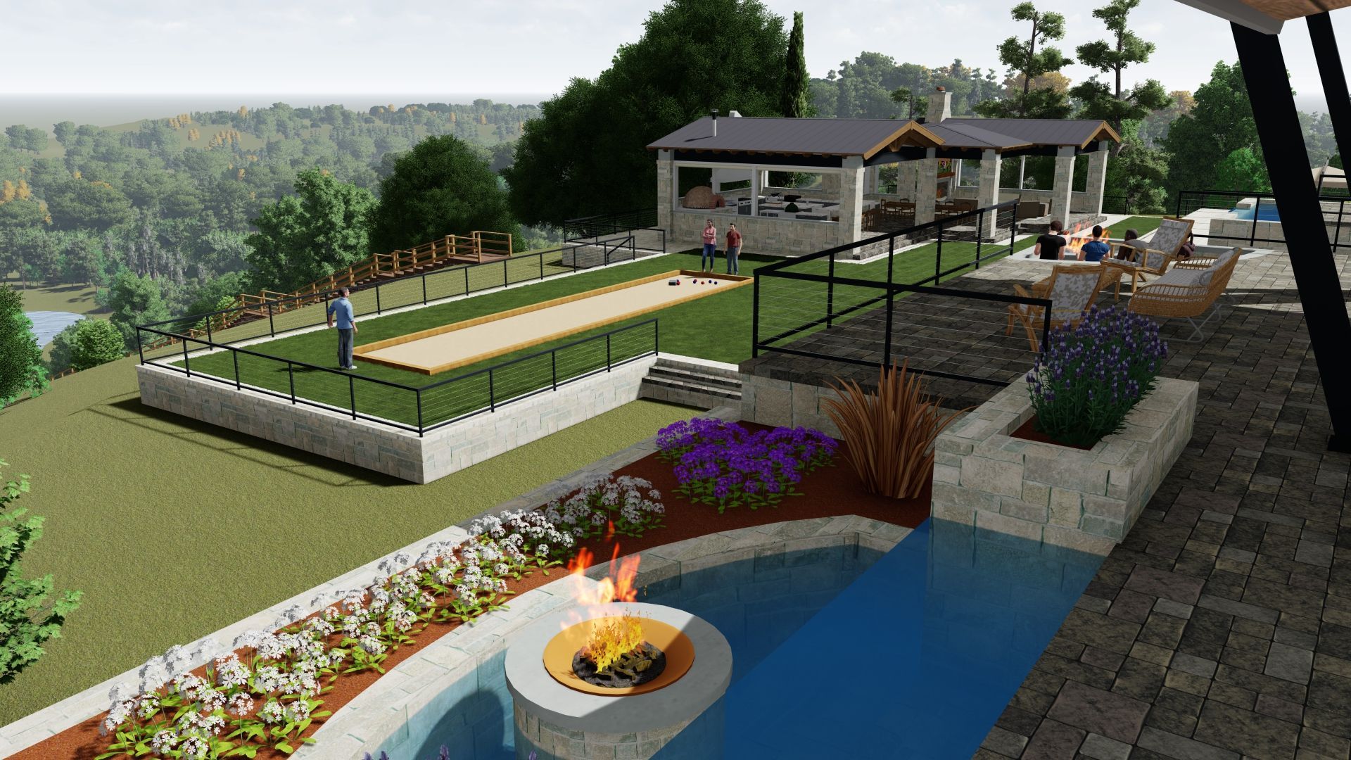 Outdoor entertaining area with bocce court, pool, fire pit, and covered seating overlooking a wooded valley.