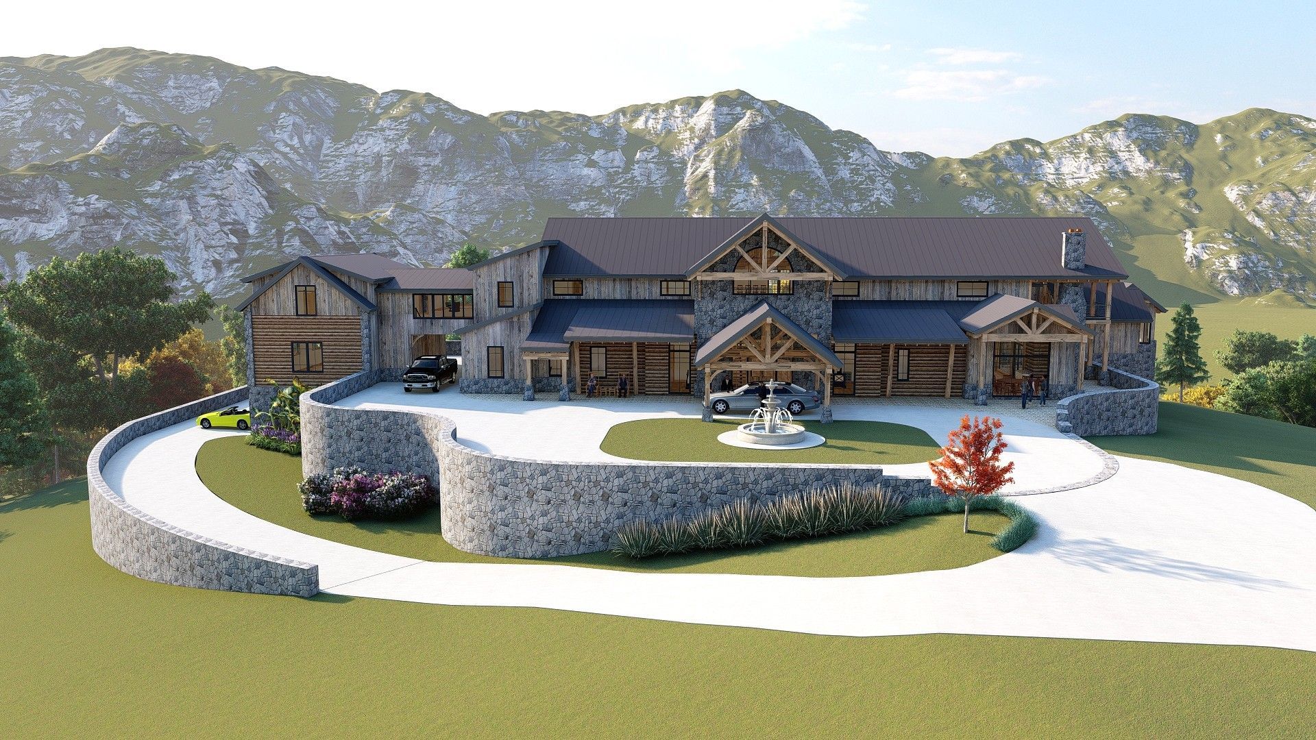 Mountain lodge with log siding, stone accents, circular driveway.