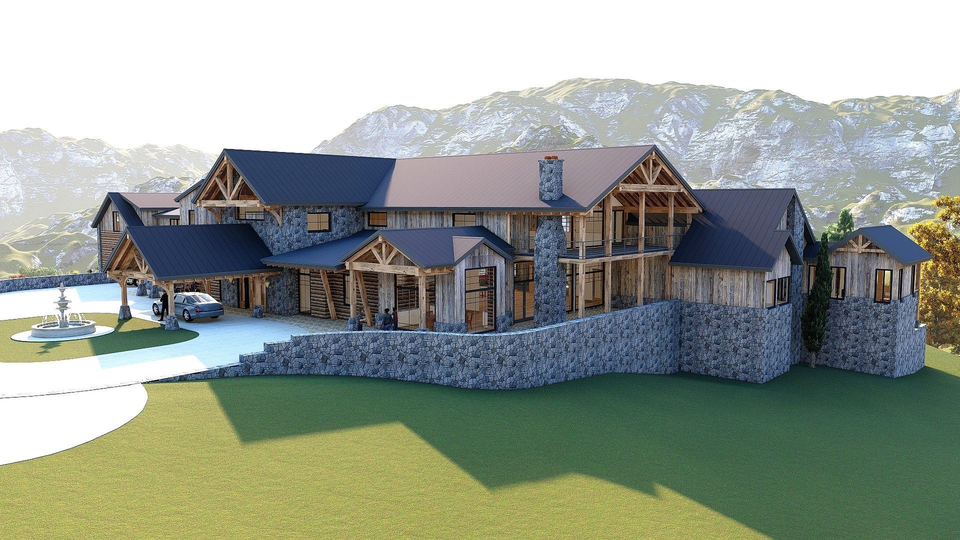 Rustic stone and wood home with carport and mountain backdrop.