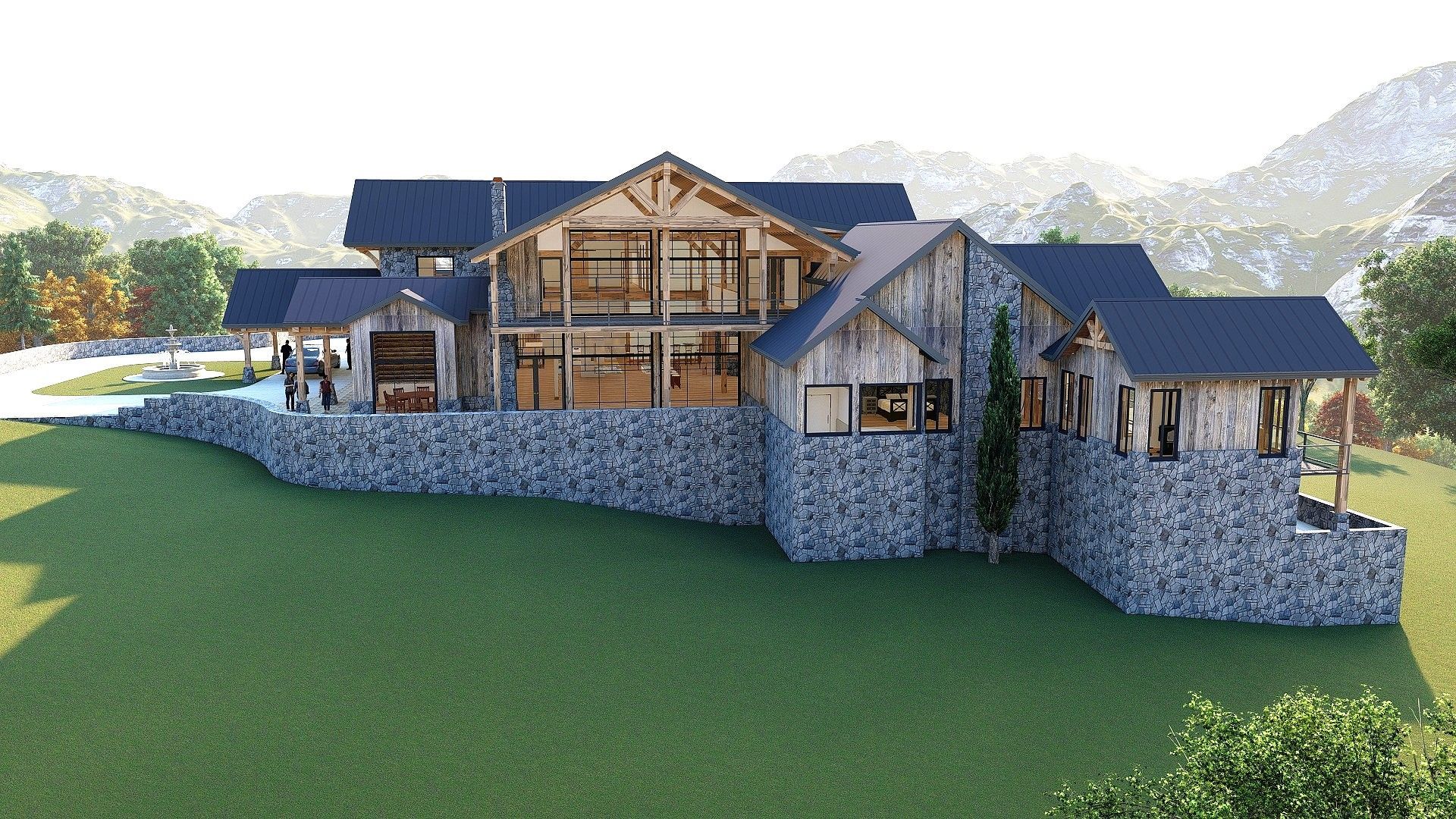 Rustic multi-level home with stone and wood exterior, set on a grassy hill with mountains in the background.