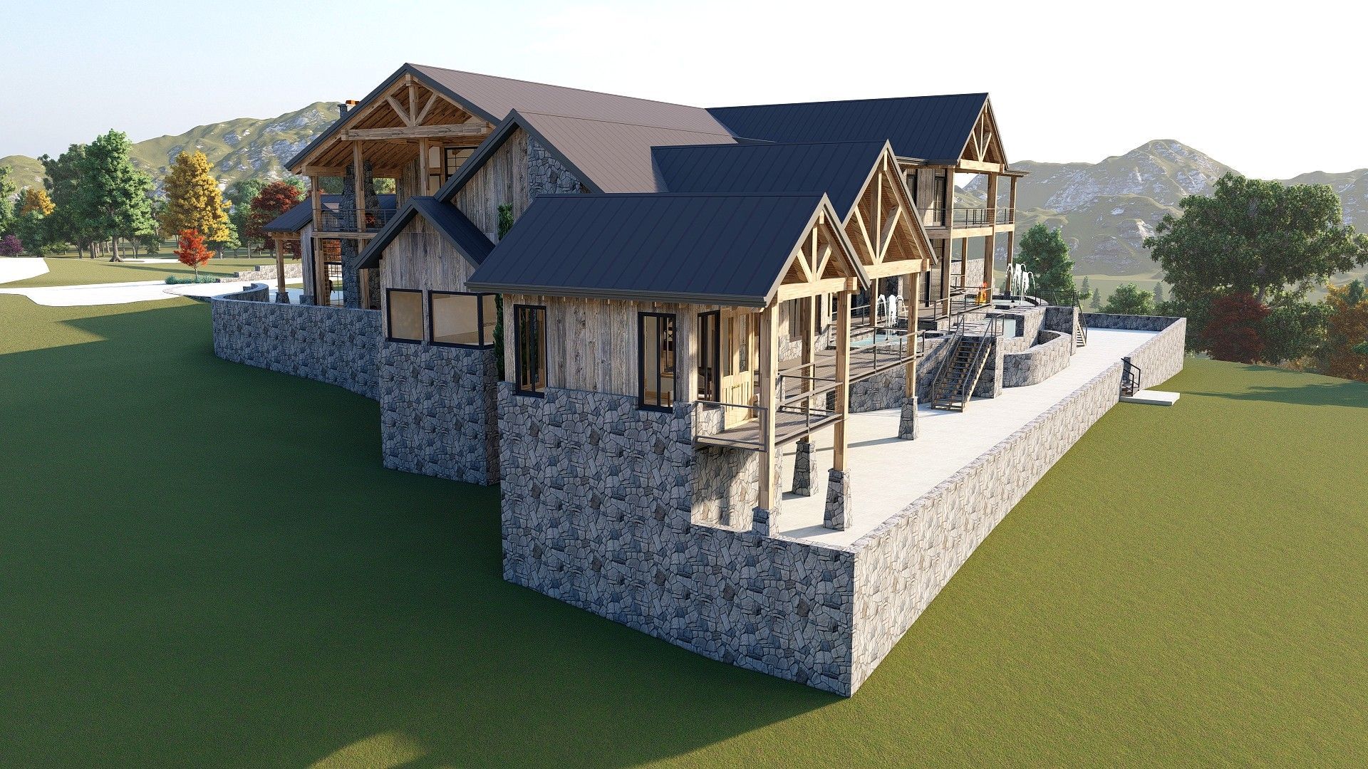 Log cabin with stone foundation and wooden beams, overlooking a grassy hillside.