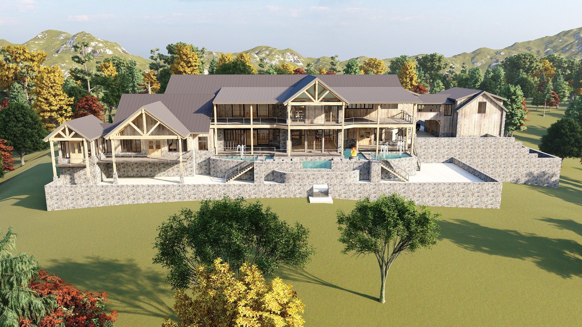 Large, multi-level house with stone and timber construction, pool, and surrounding green landscape.