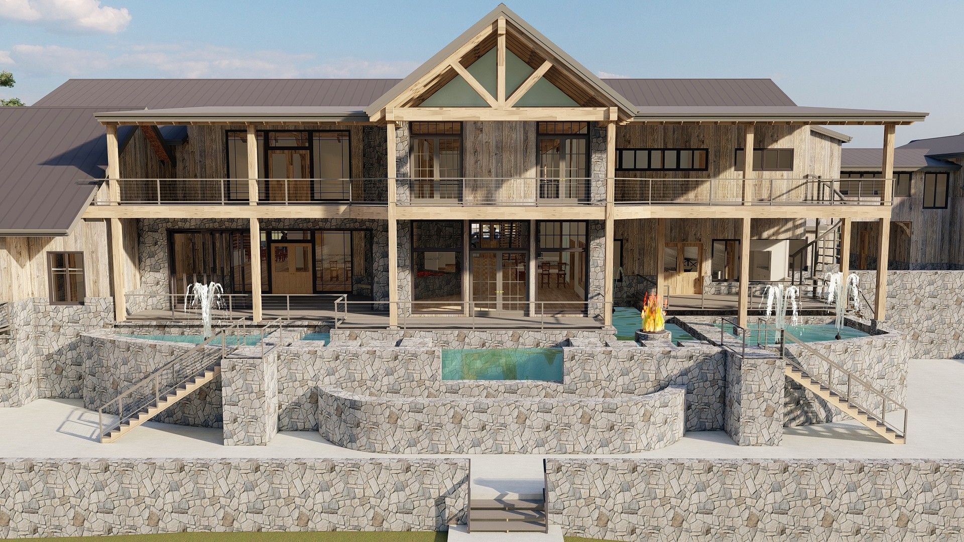 Stone mansion with pool, balconies, and wooden accents.