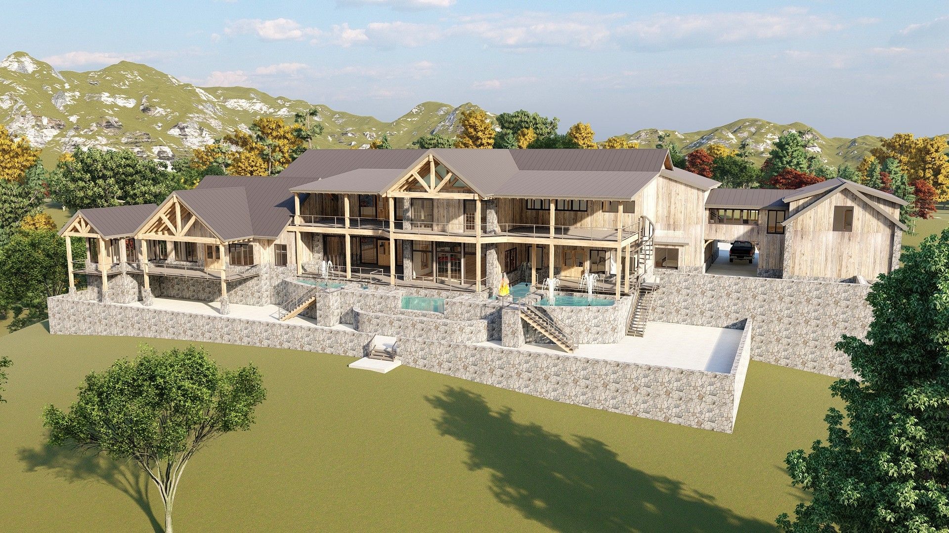 Rustic lodge with stone foundation, wooden frame, and outdoor pool set against a mountain backdrop.