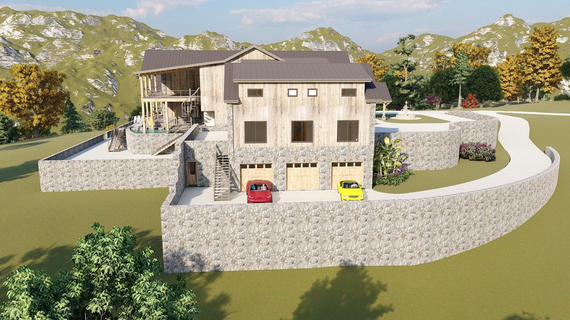 Large house with stone walls and a garage. Red and yellow cars parked in front.