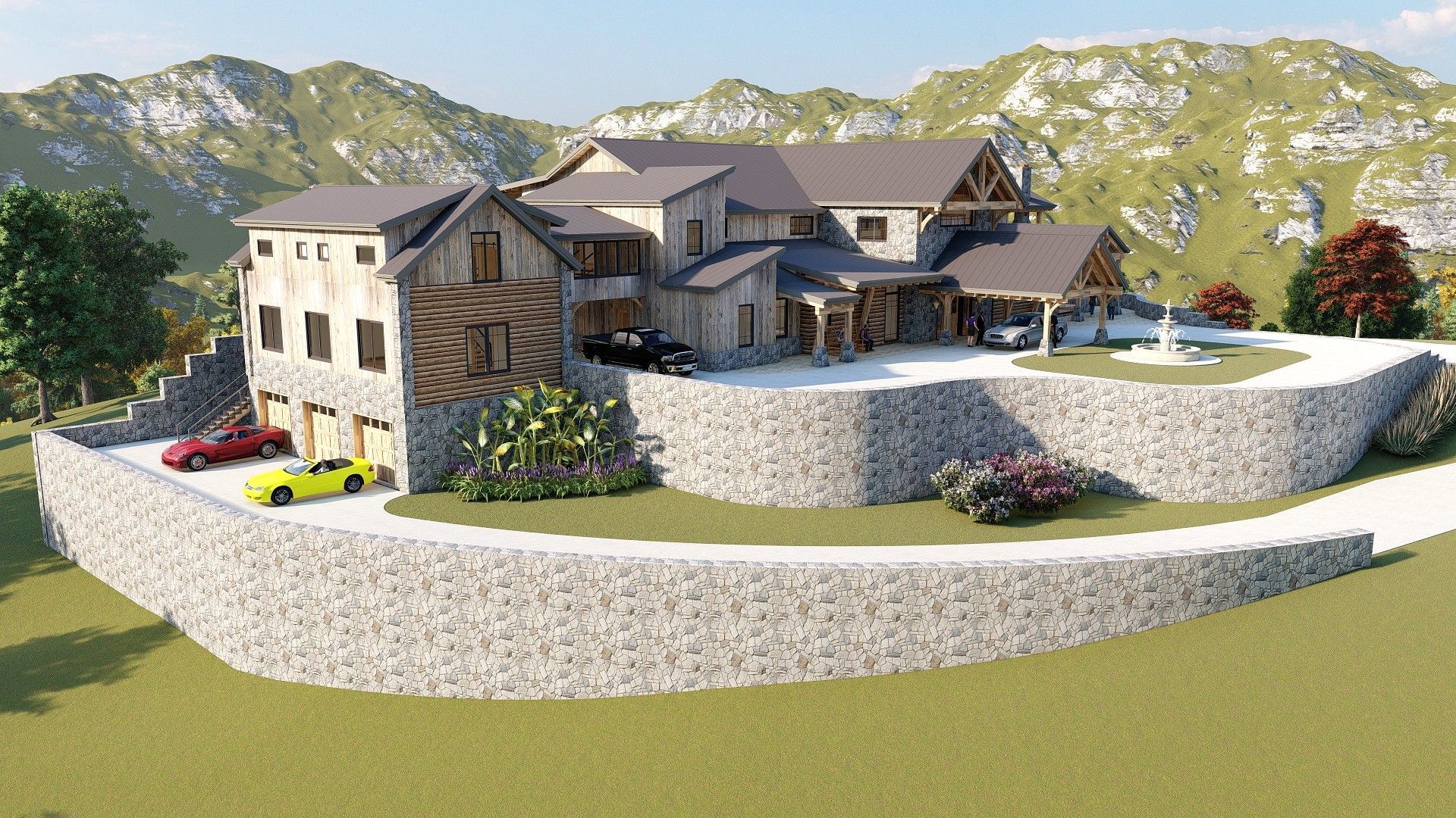 Mountain home with stone retaining walls, driveway, and multiple garage bays, nestled in a landscape.