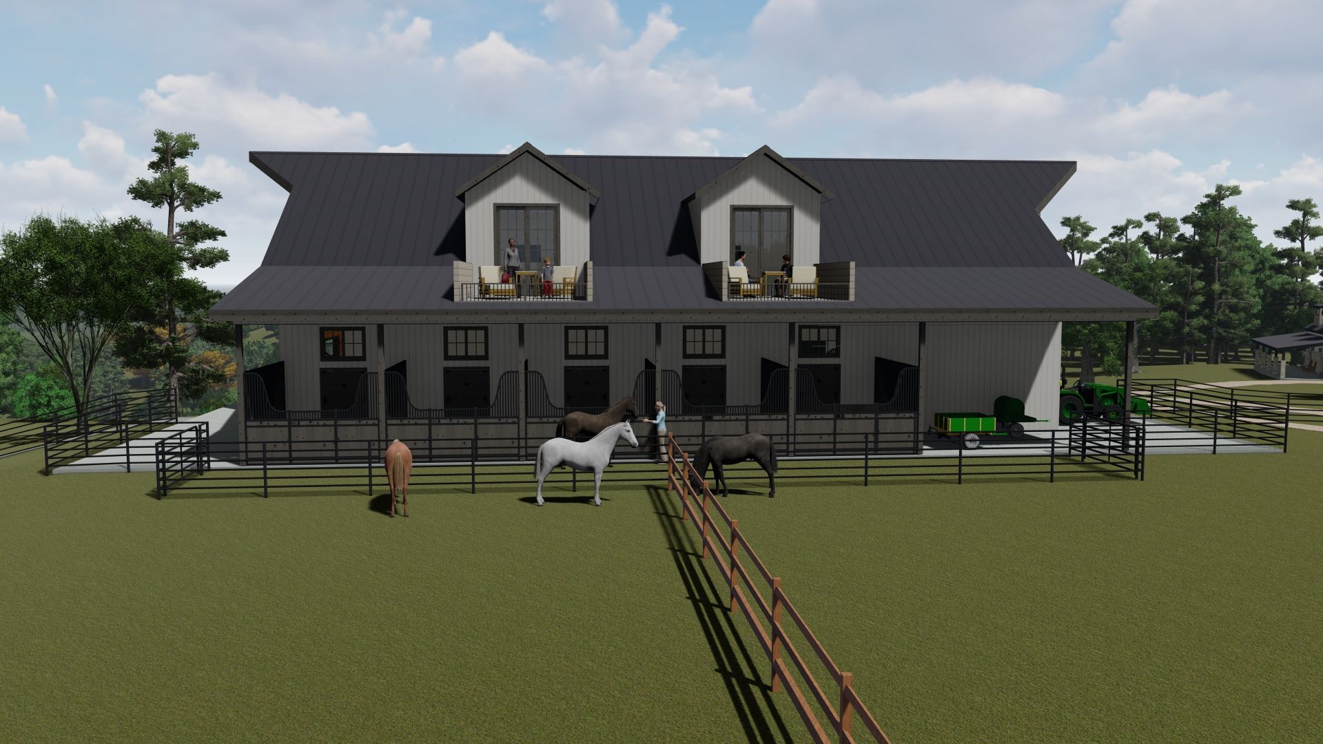 Horses in a paddock in front of a barn-style building with a black roof and dormers; sunny outdoor setting.