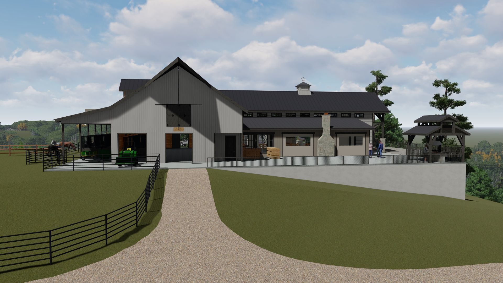 Modern barn-style building with a gravel path, patio, and gazebo overlooking a green landscape under a cloudy sky.