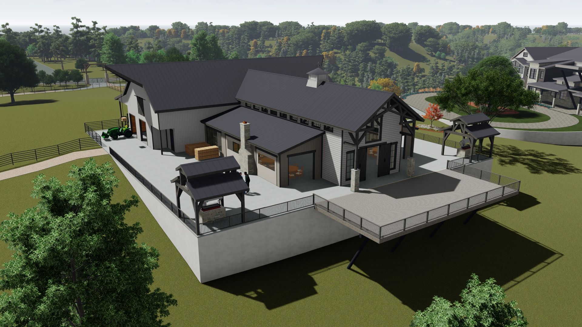 Modern building with a dark roof and large windows on a raised concrete platform, surrounded by trees.