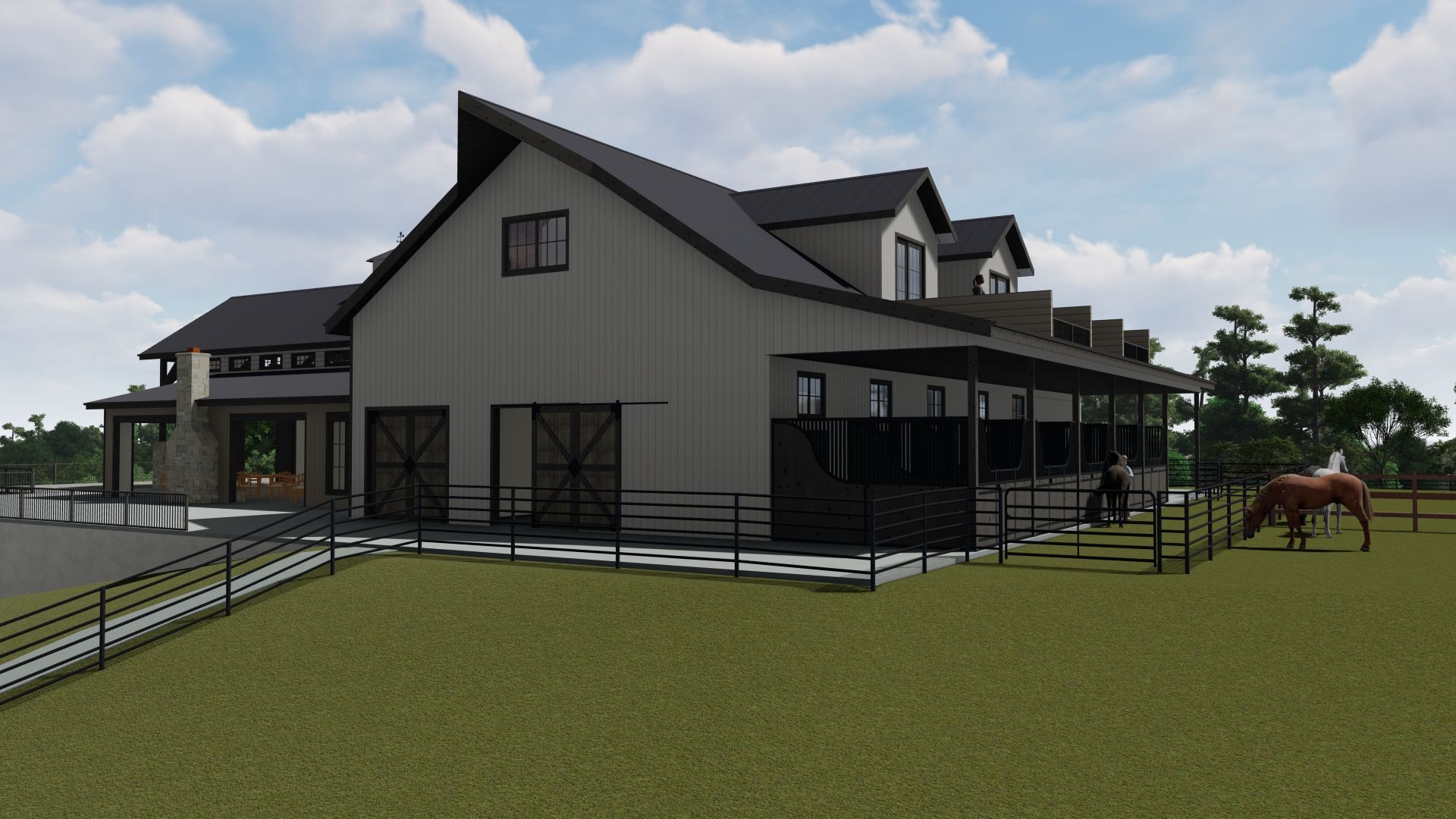 Horse stable building with stalls, outdoor fenced paddock, and horse grazing on green grass.