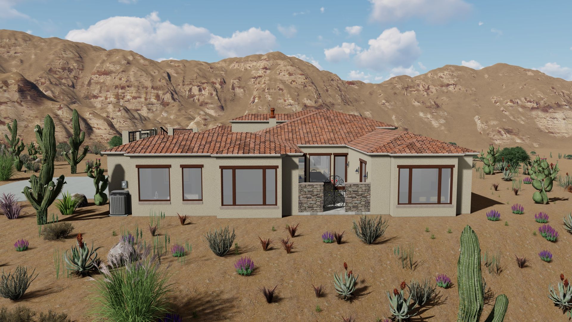 Desert home with tiled roof, surrounded by cacti and mountains.