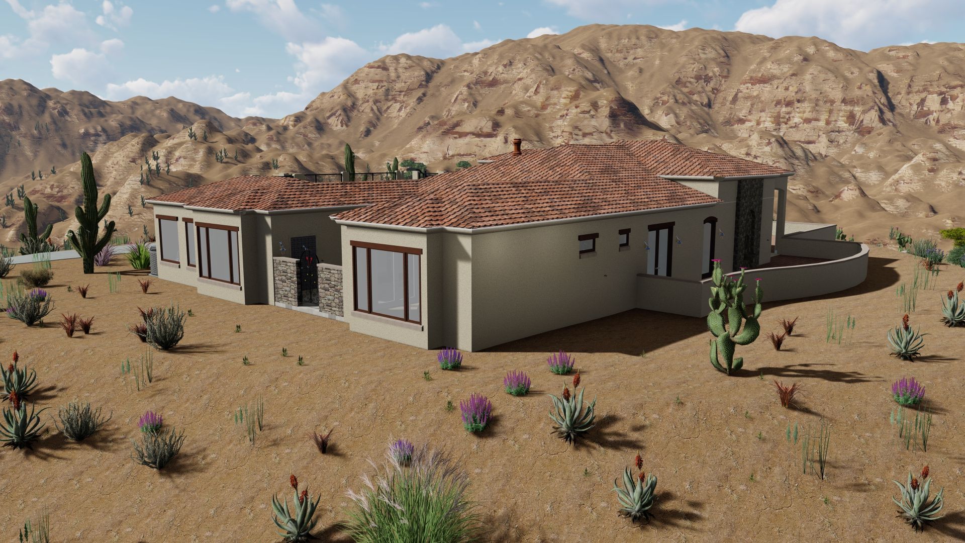 Desert home with tan stucco walls, tile roof, and cacti against mountain backdrop.