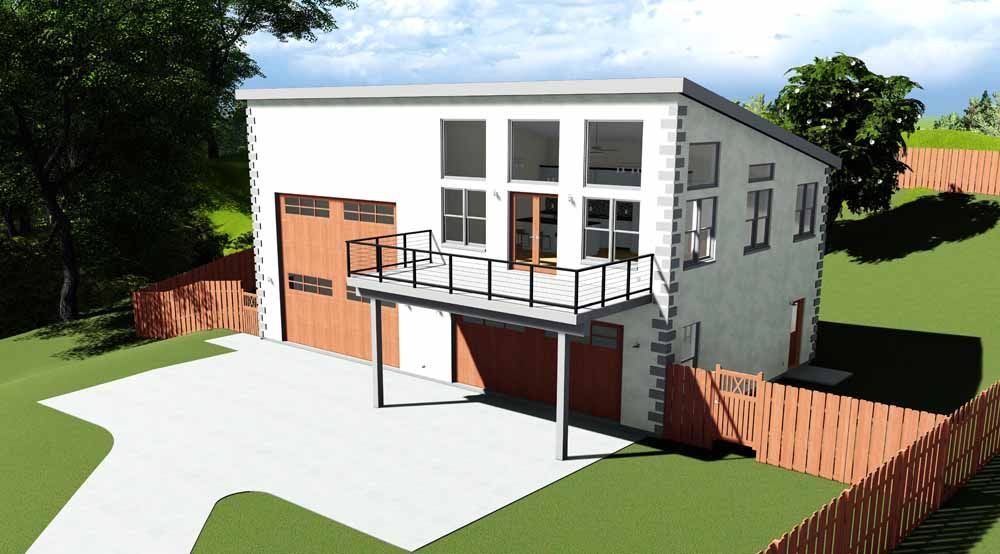 Saltbox style two story house with a garage and a balcony