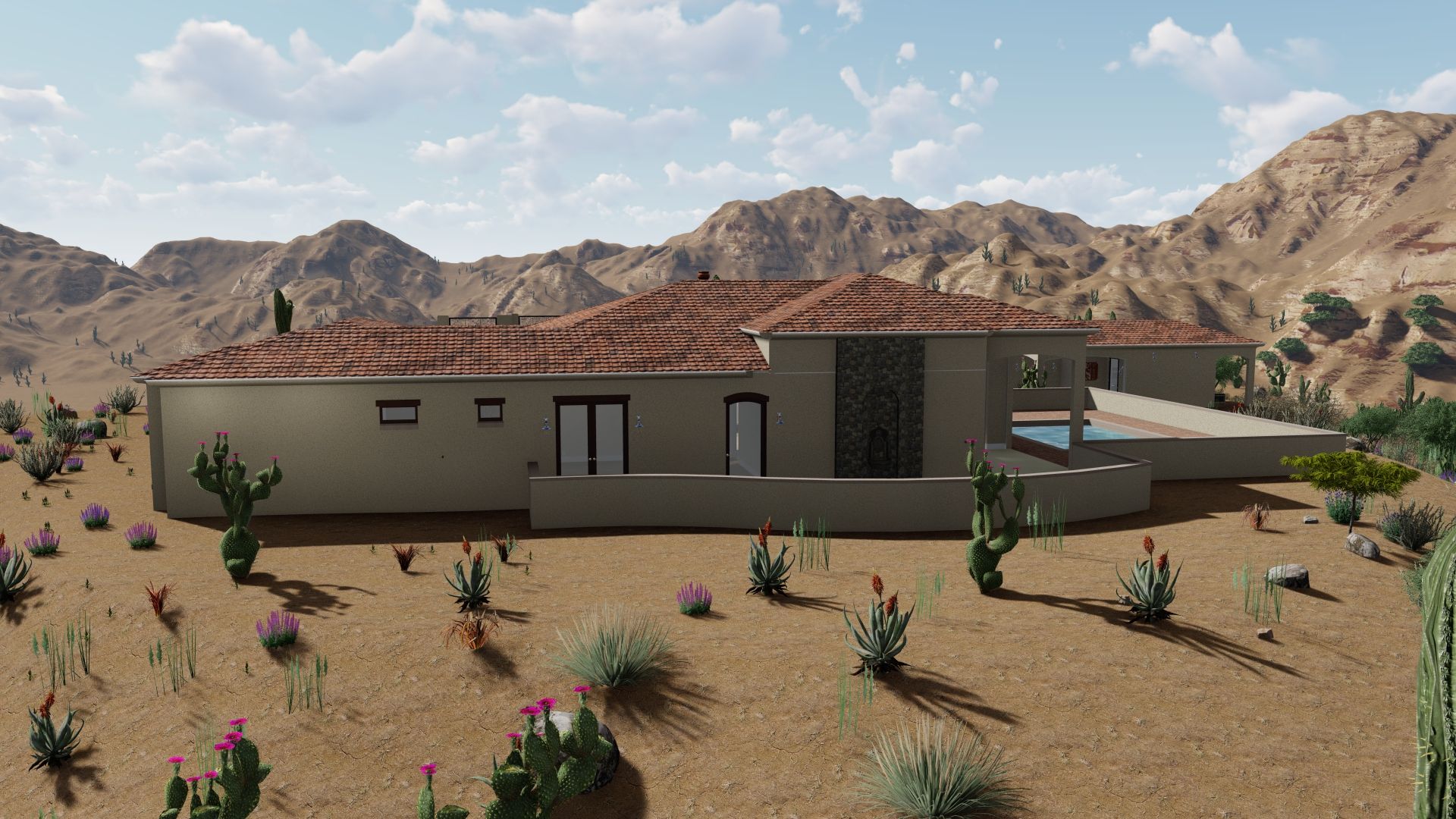 Desert home with red tile roof, surrounded by cacti and mountains.