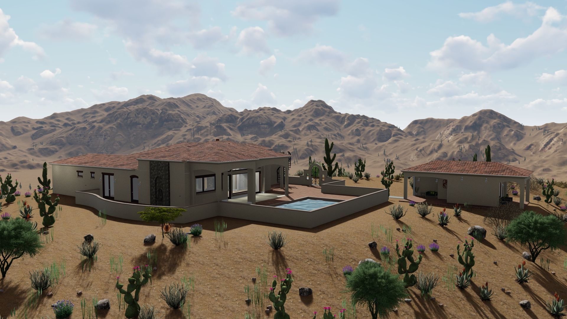 Desert home with a pool and guest house, set against a backdrop of mountains under a blue sky.