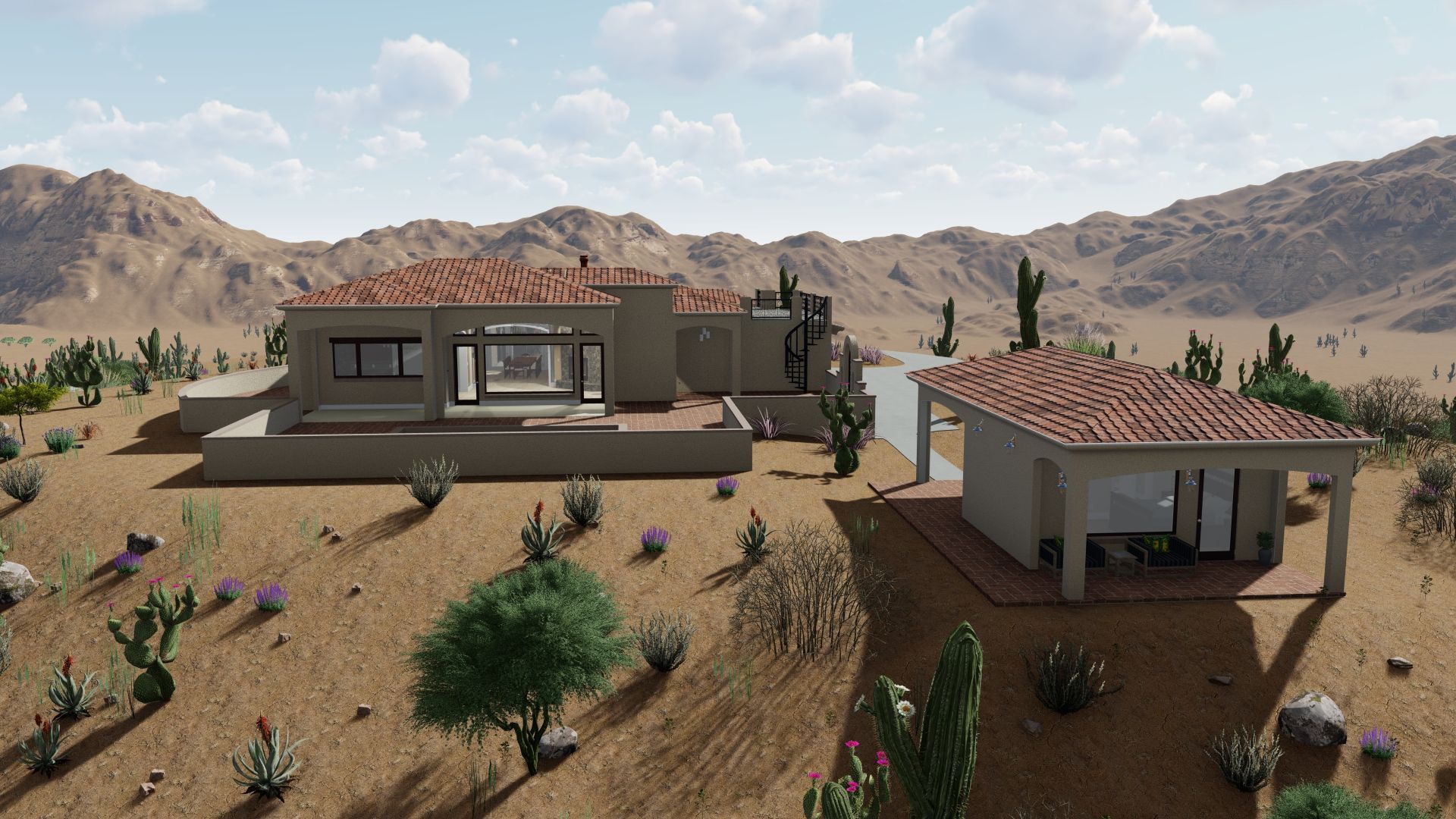 Desert landscape with a modern house and guest house, both with red tile roofs.