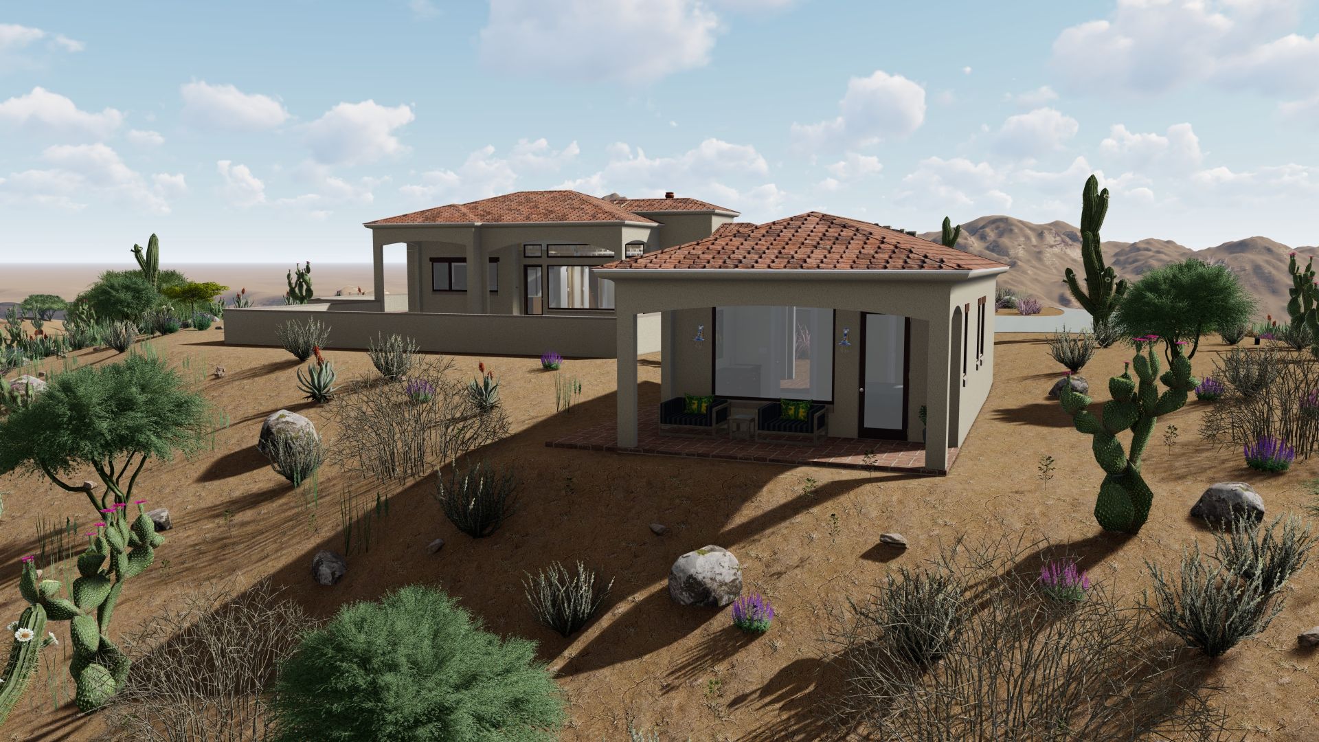 Desert home with red-tiled roof, set amidst cacti and rocky terrain under a cloudy sky.