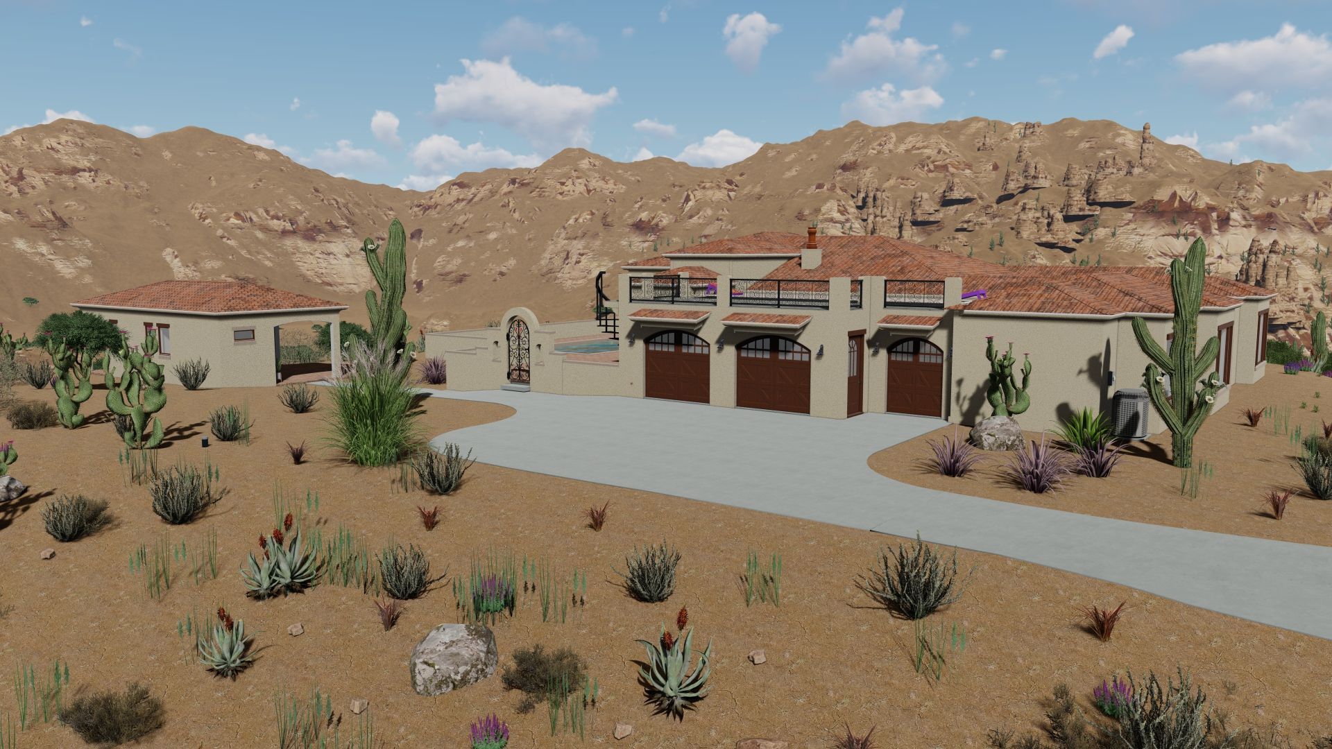 Desert house with stucco walls, clay tile roof, and multiple garage doors; surrounded by cacti and mountains.
