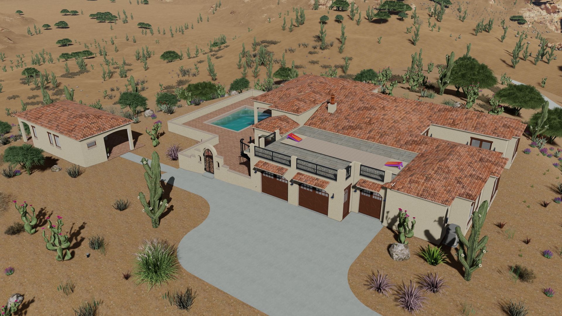 Desert home with pool and detached garage; tan stucco, red tile roof, cacti, and driveway.