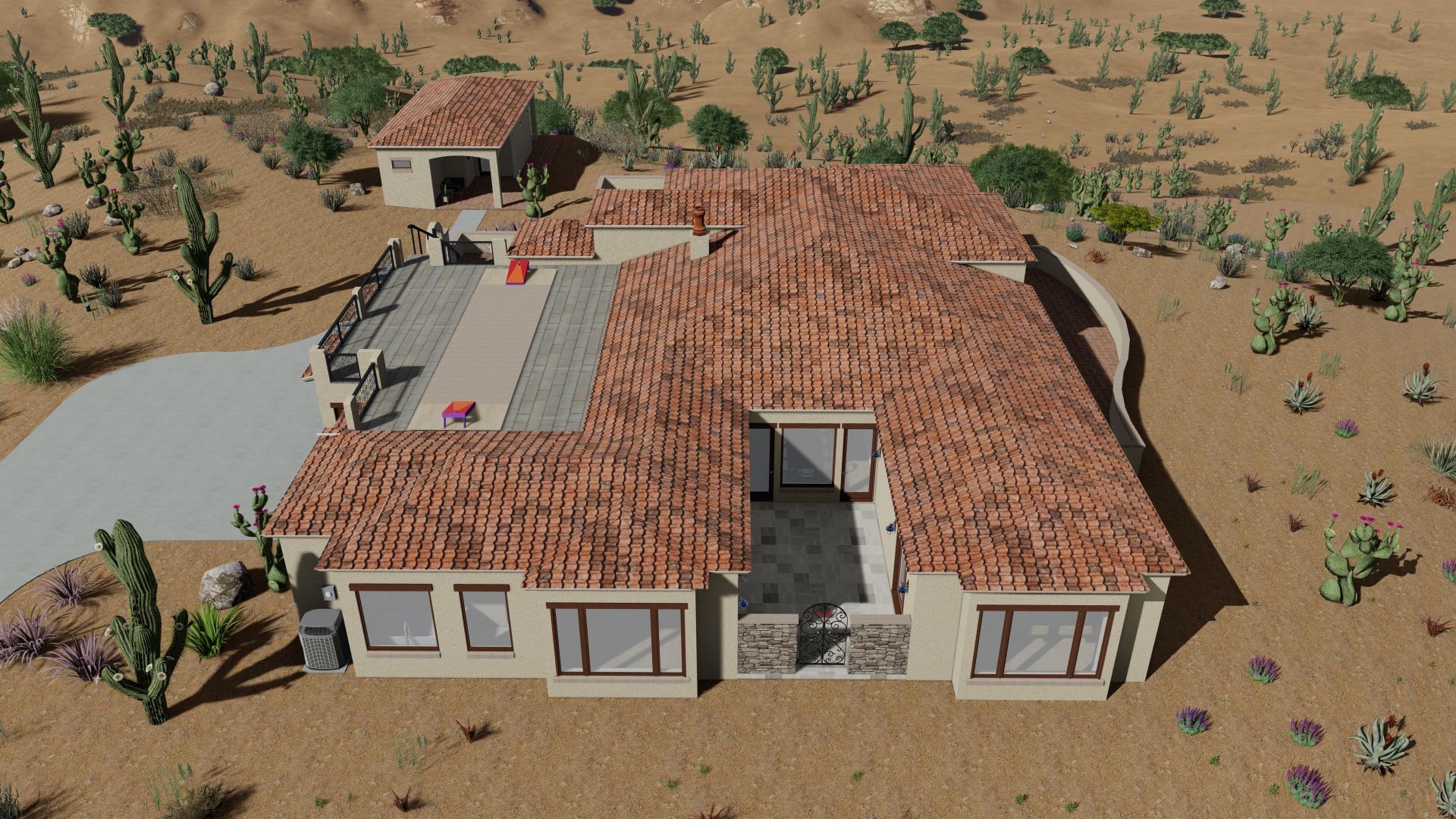 Desert home with tile roof, courtyard, and small garage, surrounded by cacti and scrub brush.