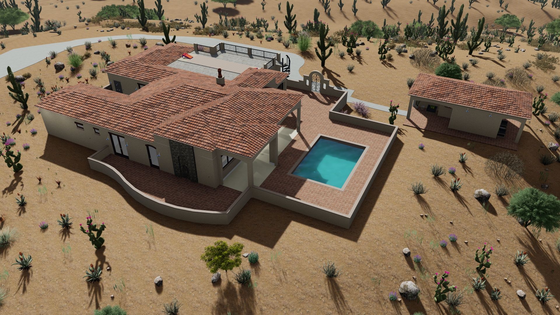 Desert home with red tile roof, pool, and patio surrounded by cacti and dry landscape.