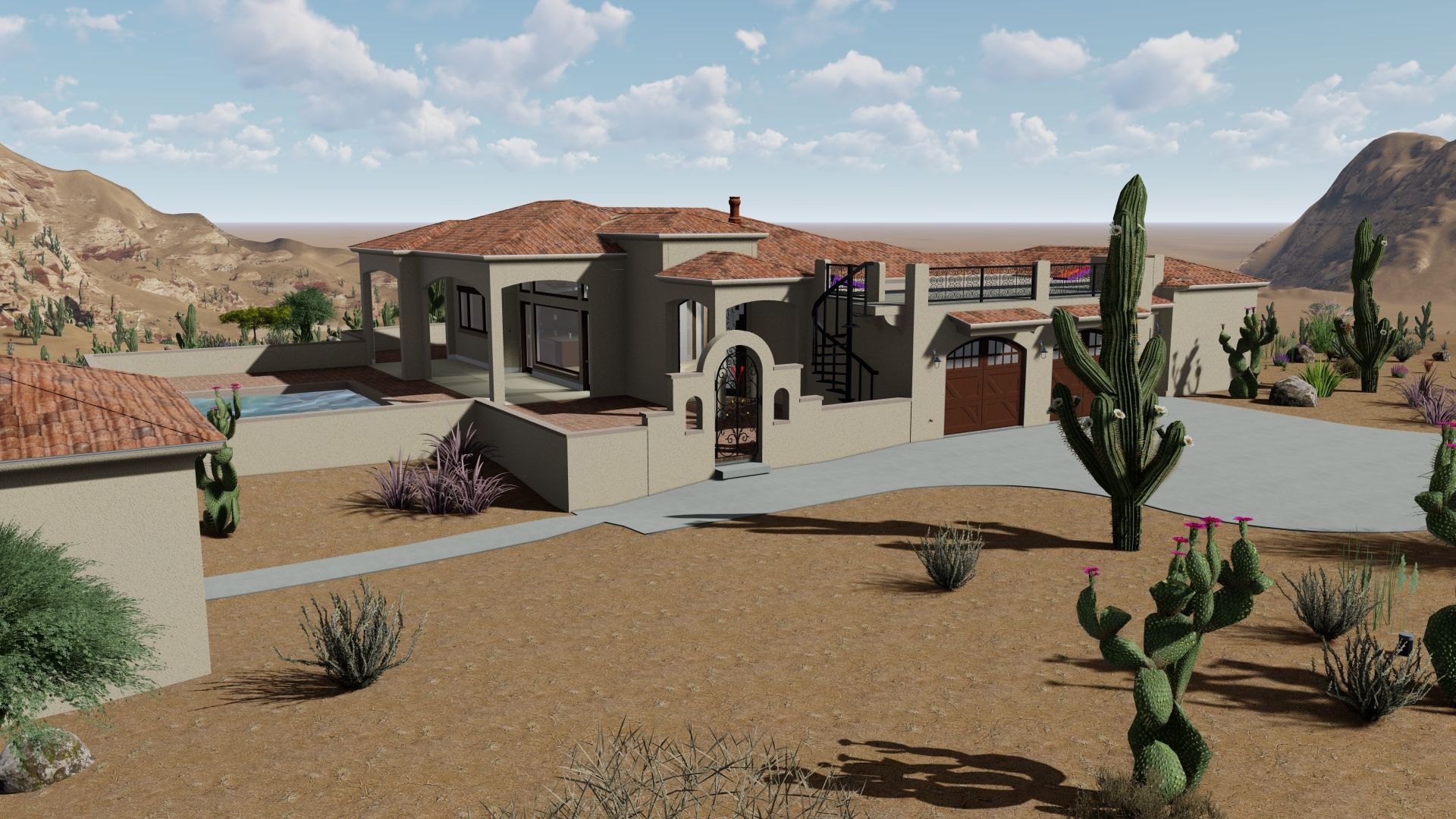 Desert house with red-tiled roof, cactus plants, and mountains in the background under a blue sky.