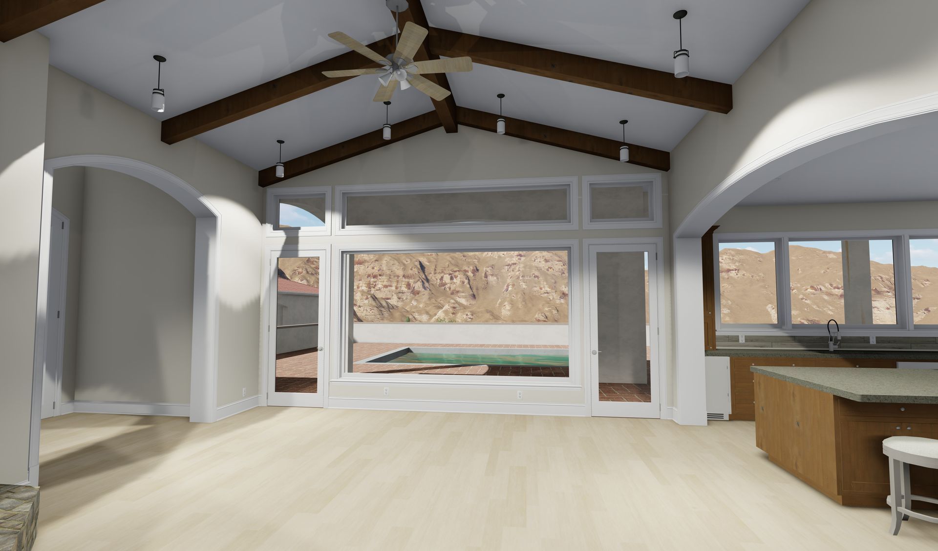 A living room with a ceiling fan and a large window