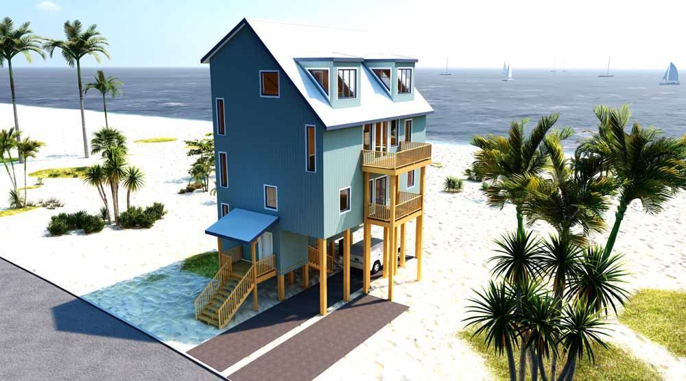 Aerial view of a house on stilts on a beach