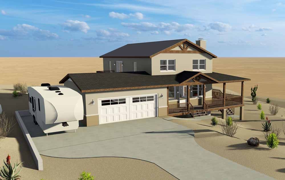 Two story house in the desert with an RV parked alongside the garage