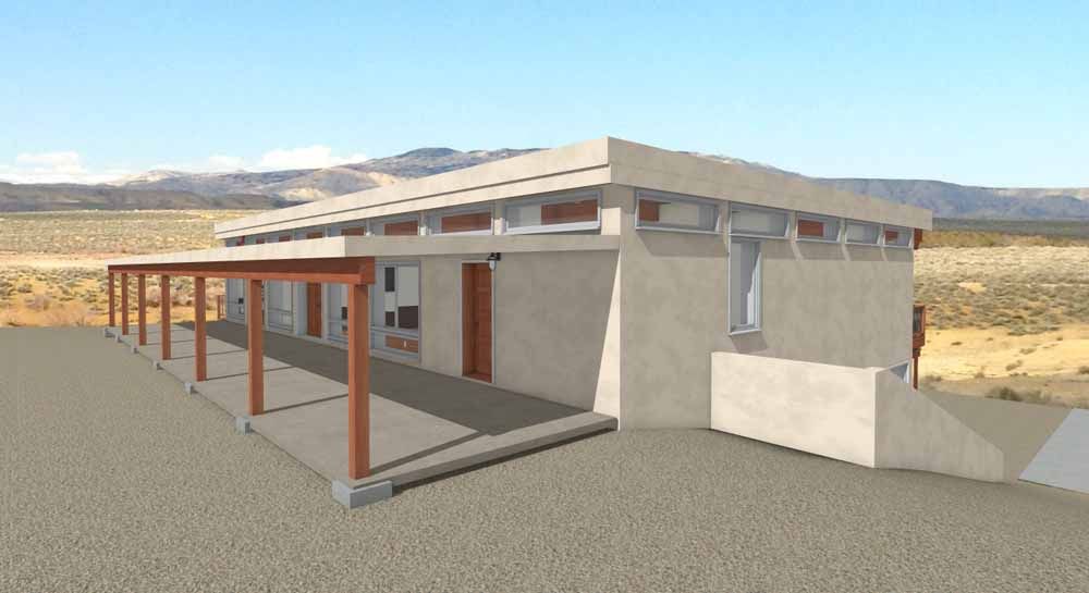 A computer generated image of a house in the desert with mountains in the background.