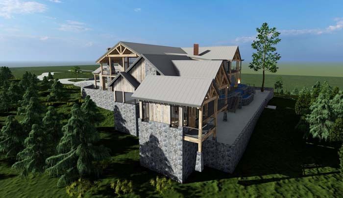 An aerial view of a large house sitting on top of a hill surrounded by trees.