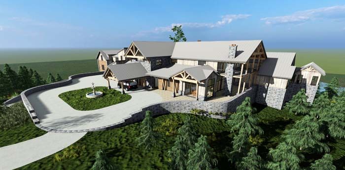Large mountain style house on a hill surrounded by trees