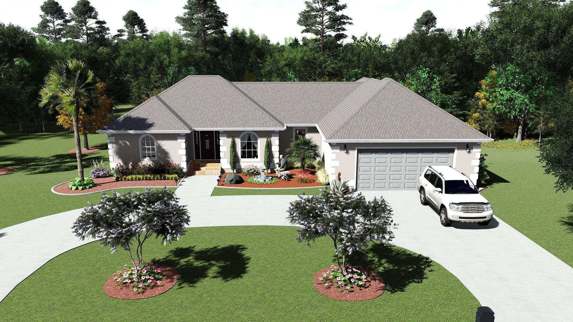 A ranch-style house with a gray roof and attached garage. A car is in the driveway, and trees and bushes surround the house.