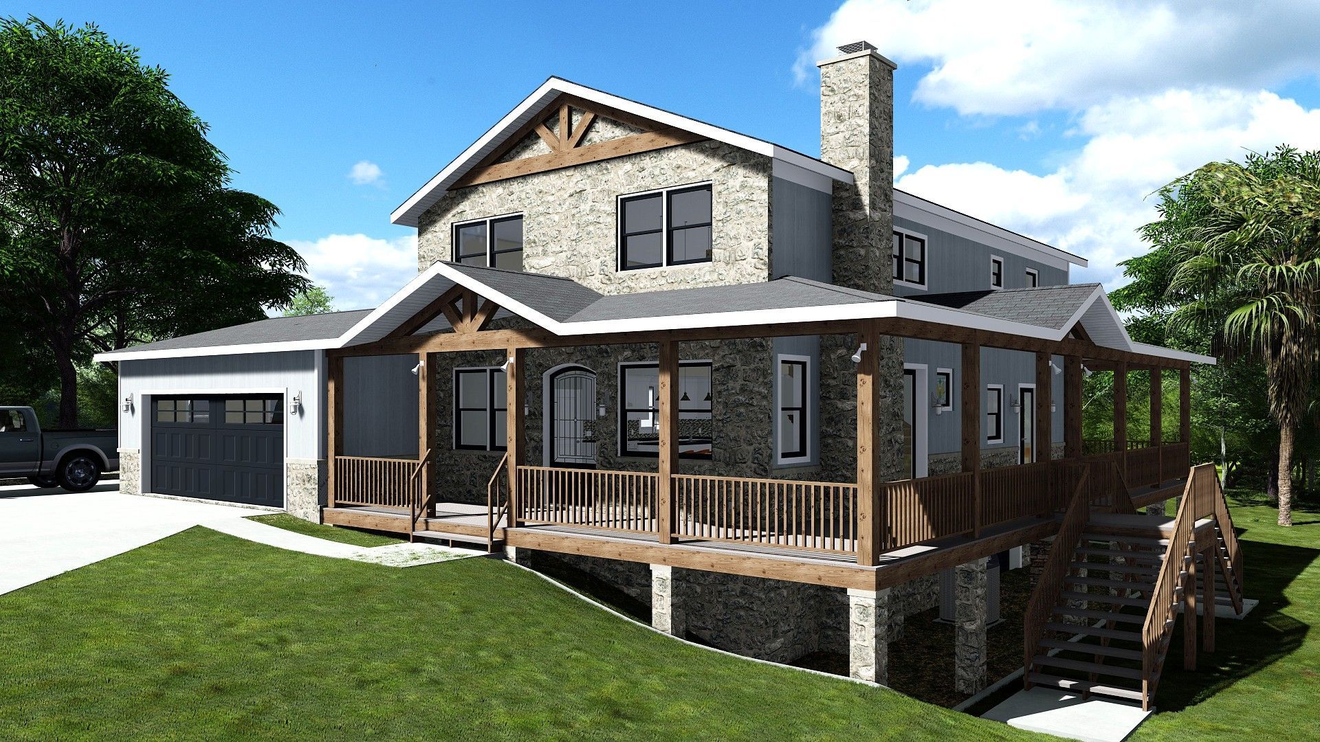 Two-story house with stone and gray siding, porch, garage, and chimney, on a grassy hill.