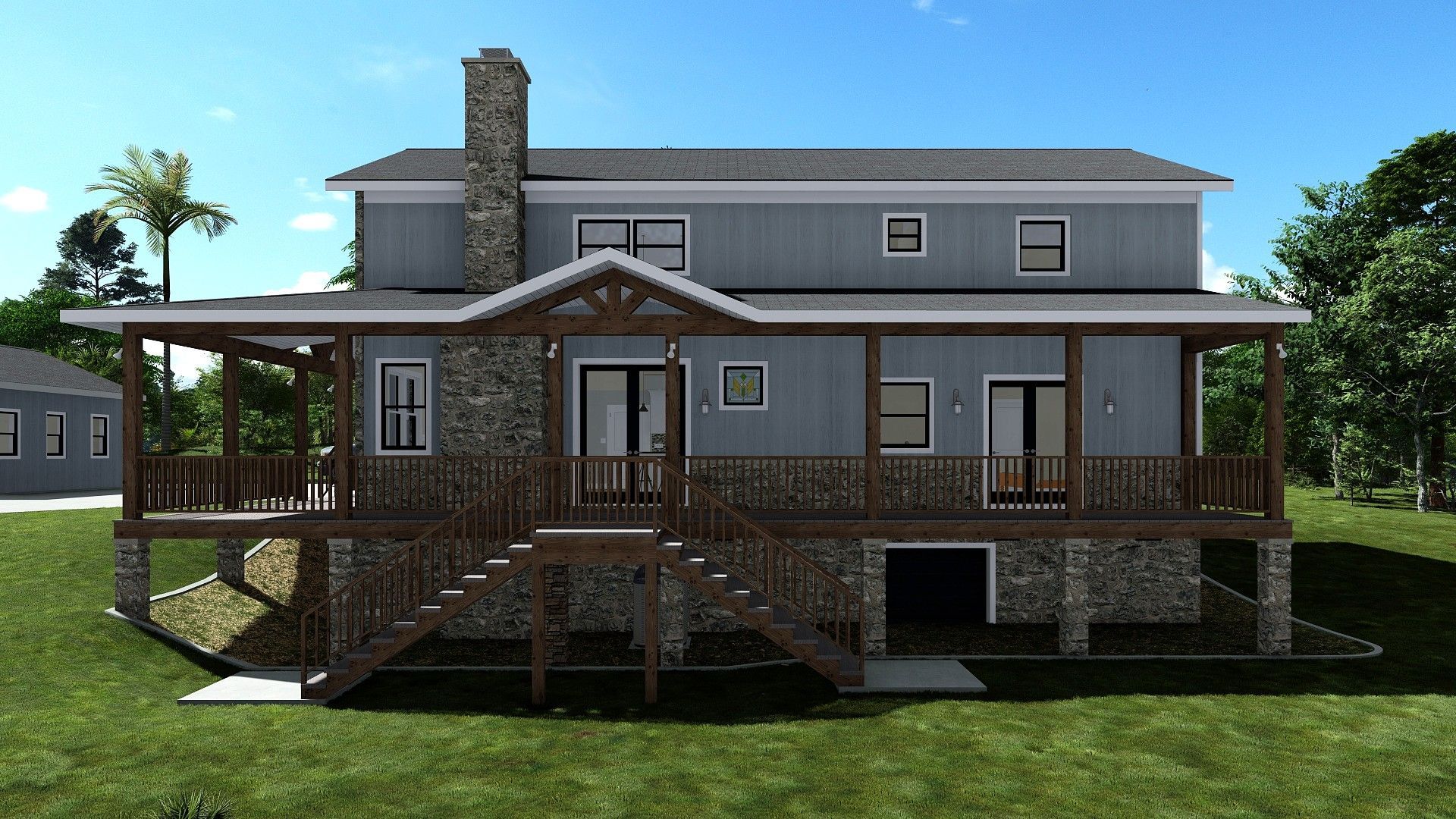 Rear view of a two-story blue house with a stone foundation, a wraparound porch, and chimney.