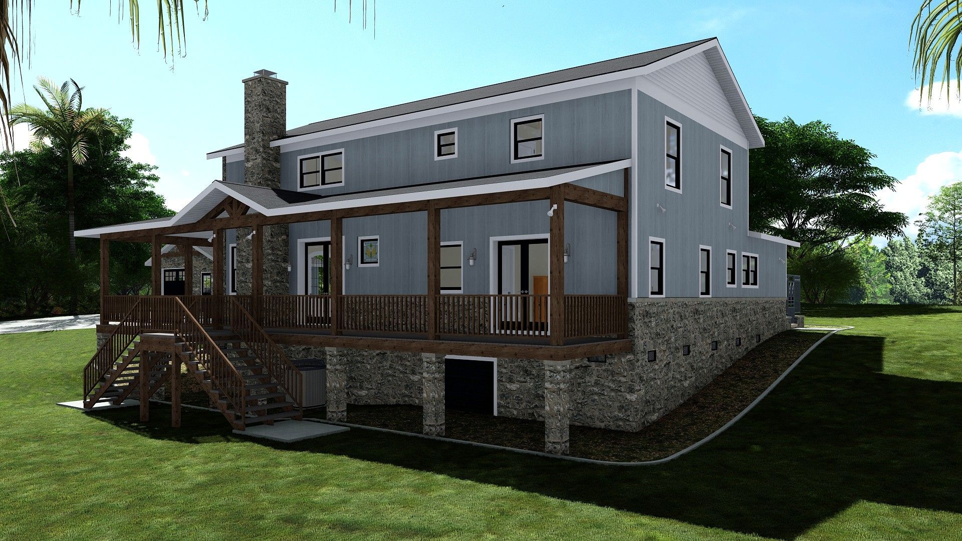 Two-story house with a blue exterior and a stone foundation, featuring a porch and stairs in a green yard.