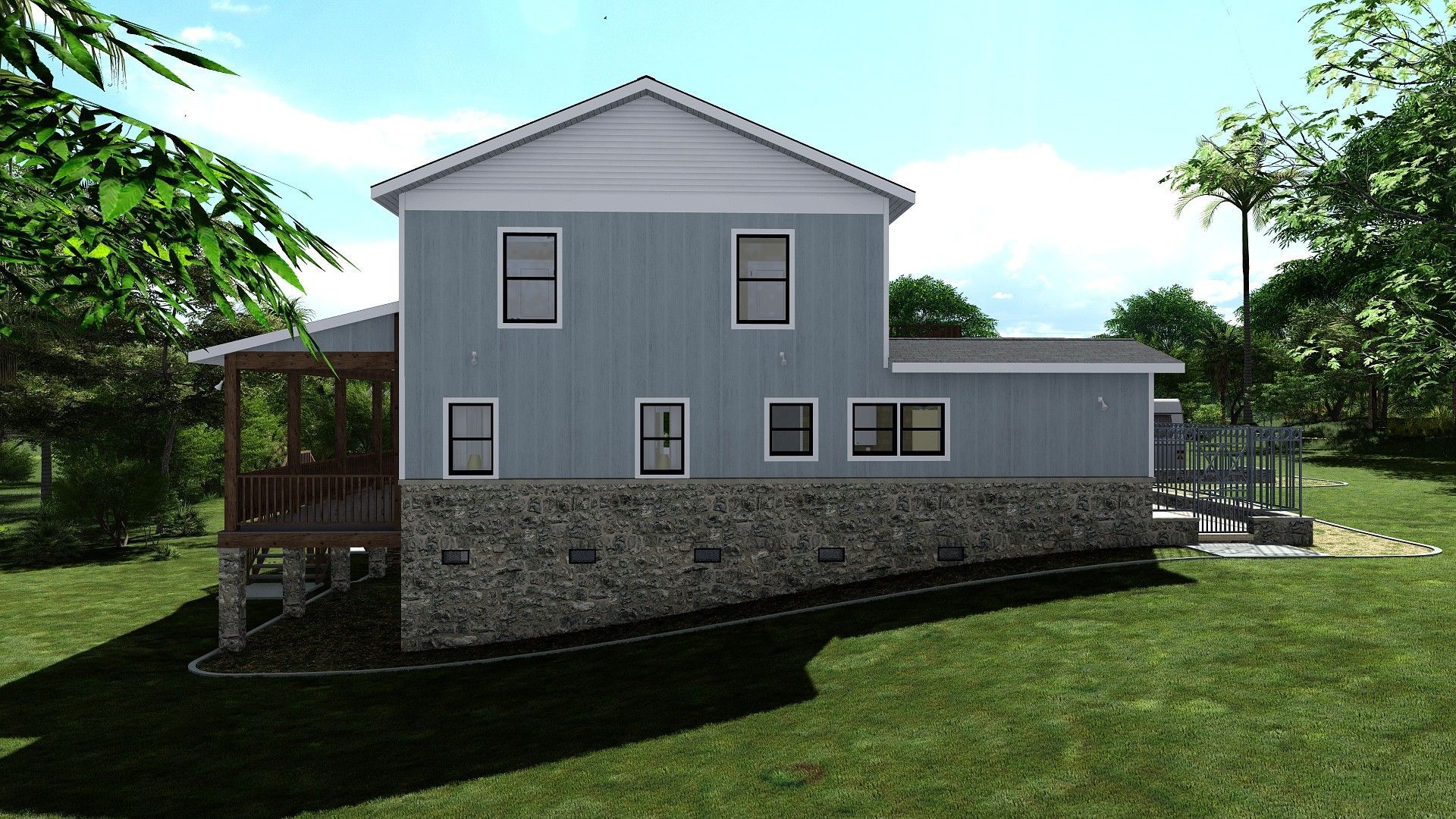 Two-story blue house with stone foundation, porch, and surrounded by trees on a green lawn.