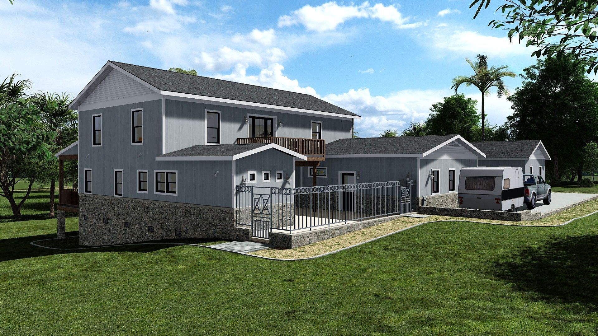 Two-story house with detached garage, light blue siding, stone foundation, and a grassy yard under a blue sky.