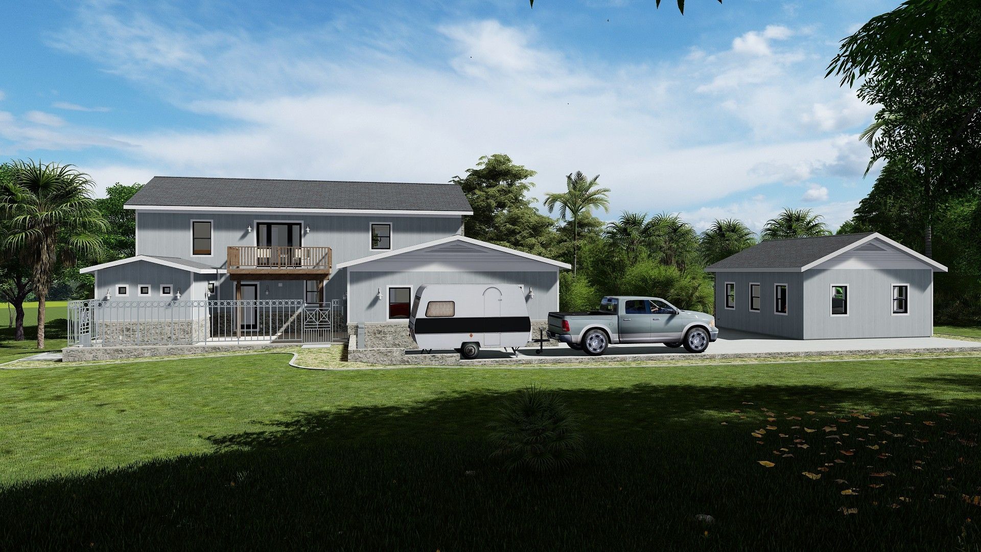 House with detached garage and shed, truck pulling camper, green lawn, and trees under a blue sky.