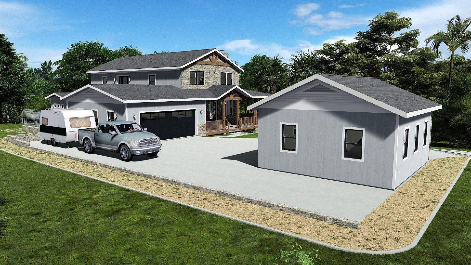 Gray house and detached garage with a truck pulling a camper on a gravel driveway.