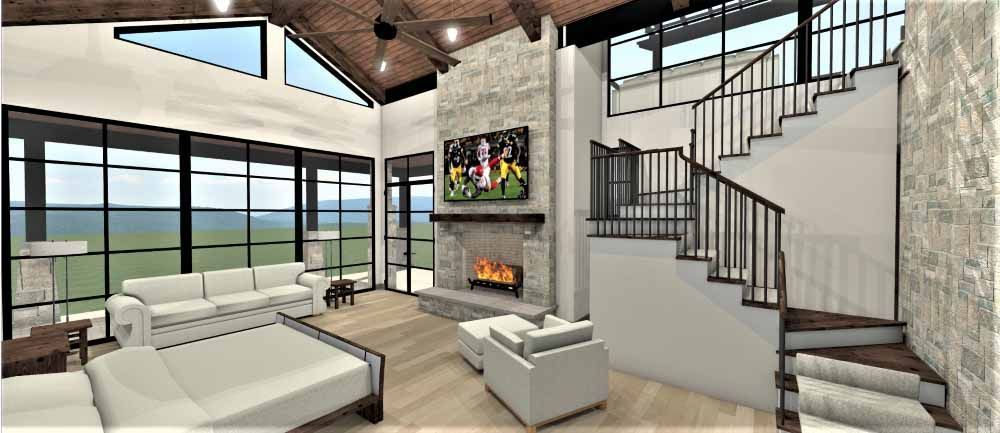 An artist 's impression of a living room with a fireplace and stairs.
