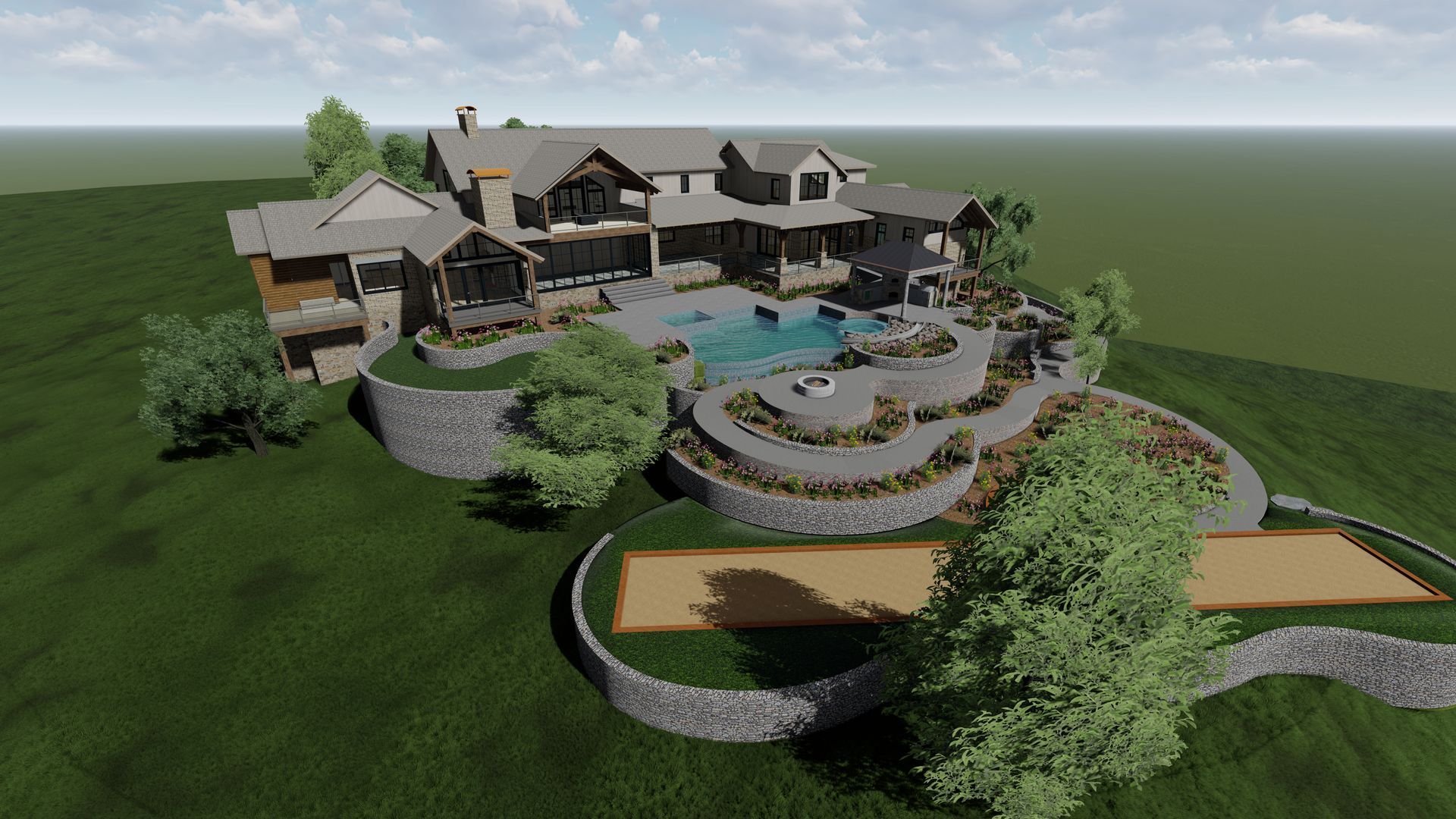 Luxurious house design with pool, tiered landscaping, and bocce ball court on a grassy hill.