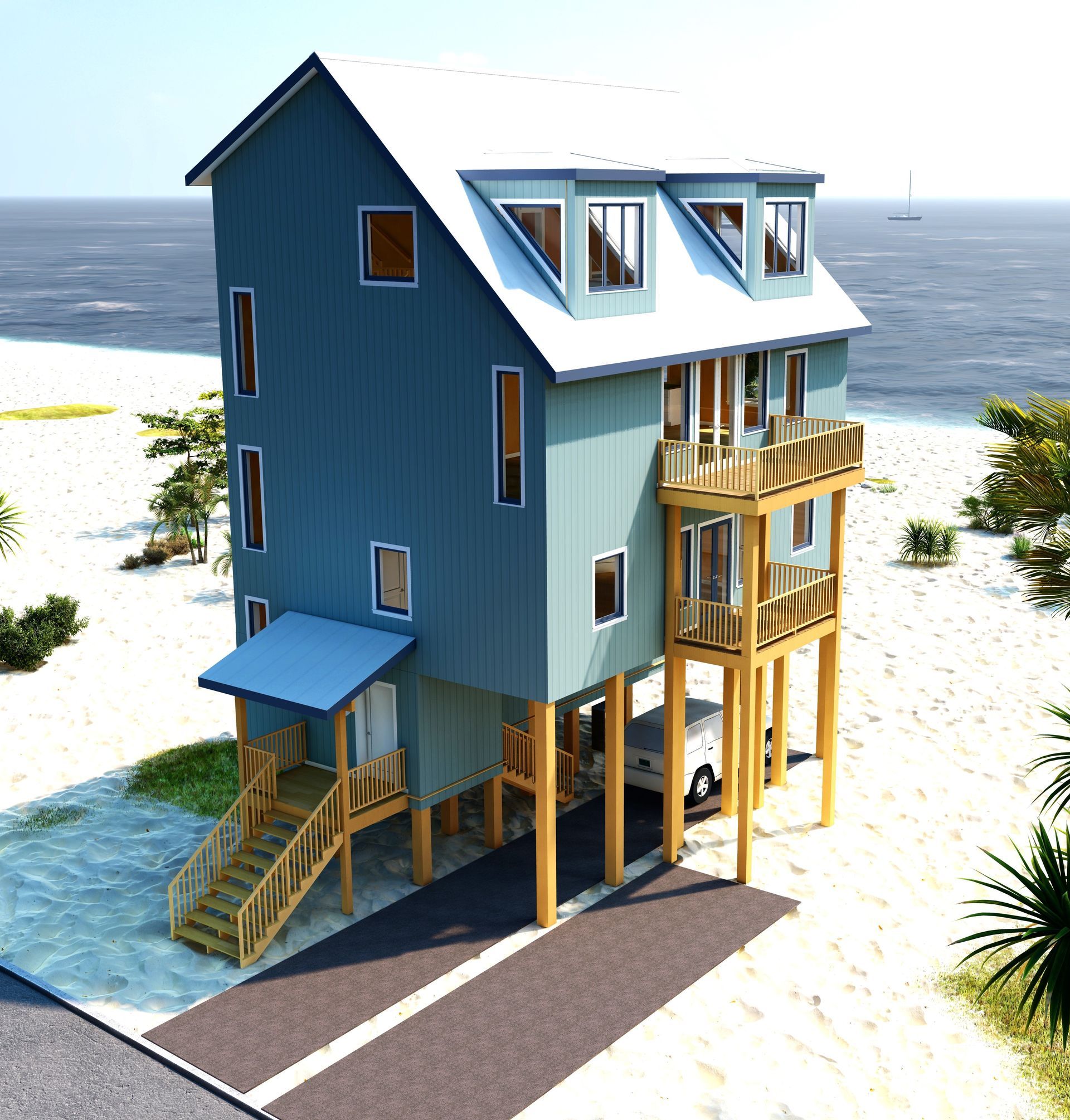 Three-story blue beach house on stilts with a white roof and balconies, on the beach near the ocean.