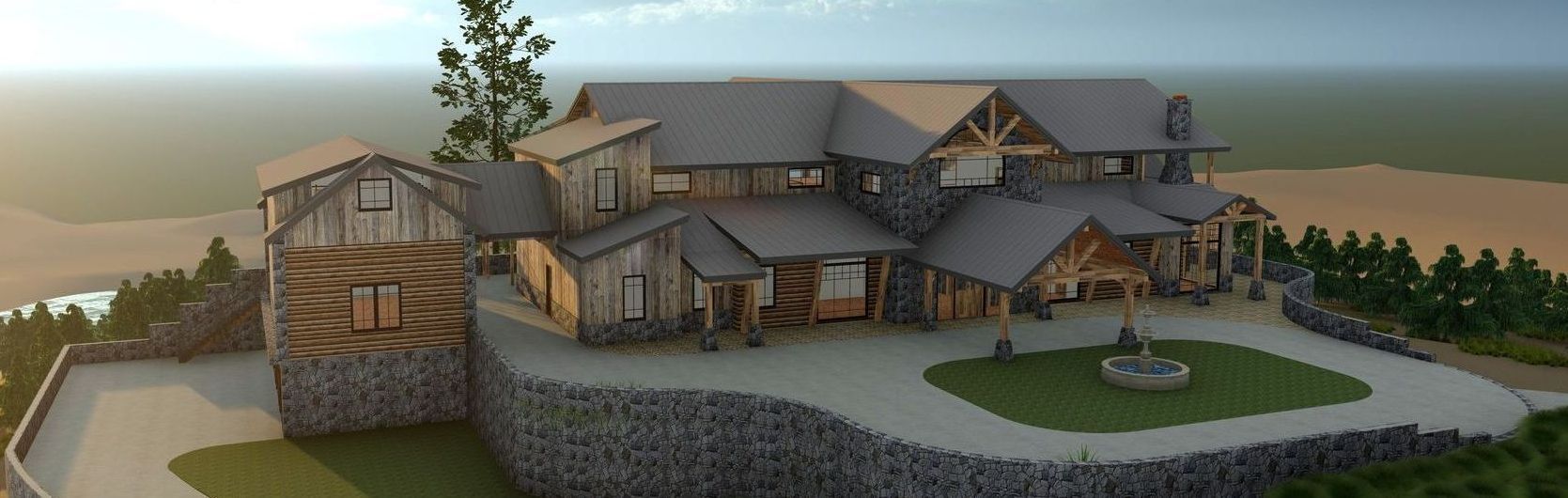 A large rustic home with multiple gabled roofs, a stone facade, and a circular driveway on a hilltop.