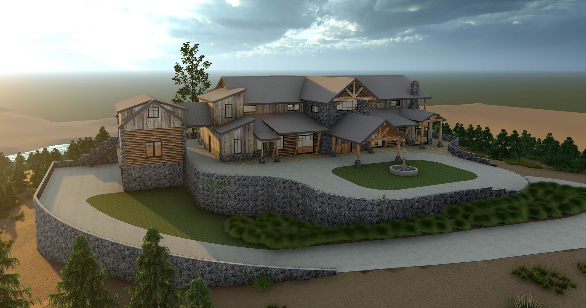 Aerial view of a large two story mountain style house on a hilltop surrounded by trees