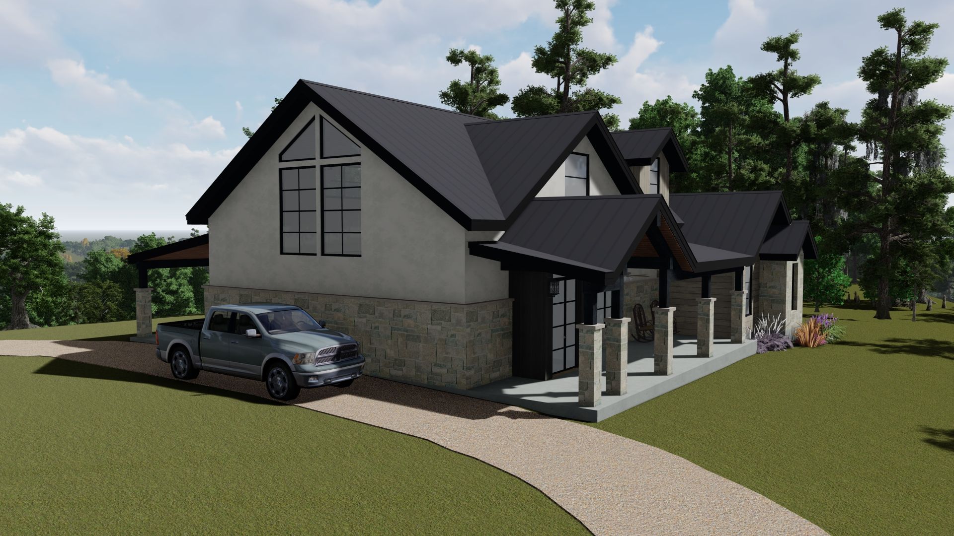 A modern house with a gray pickup truck on a gravel driveway.