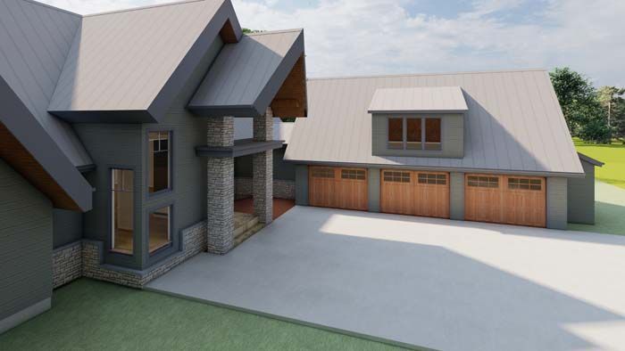 An artist 's impression of a house with a gray roof and wooden garage doors.
