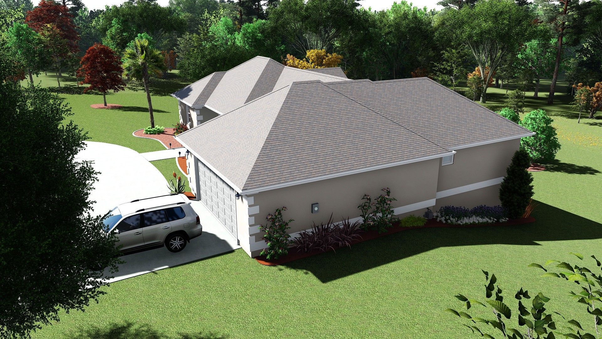 House with light-colored siding, a gray roof, and a driveway with a car parked in front. Trees and grass surround it.