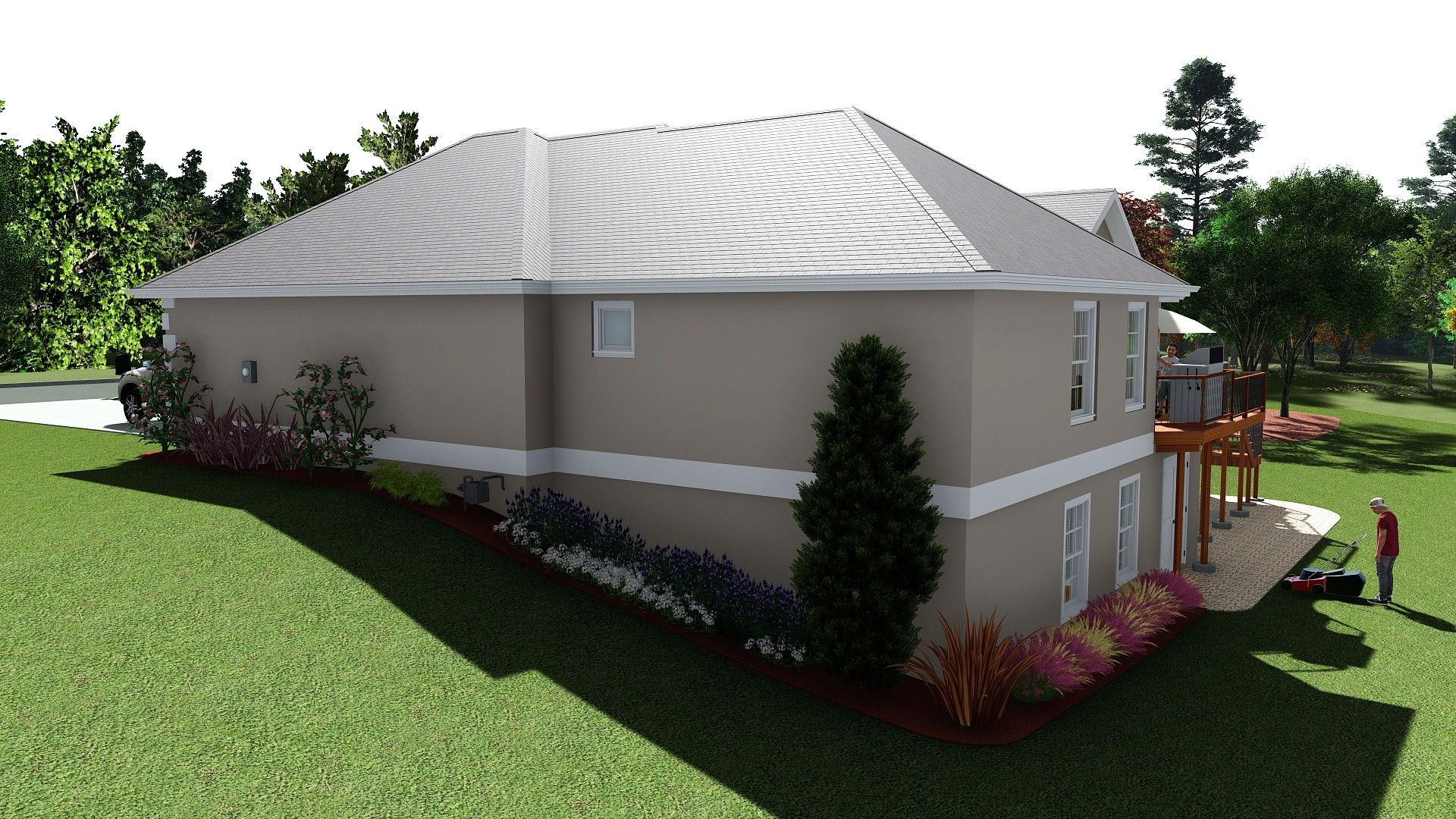 Two-story beige house with a garden, lawn, and a person mowing.